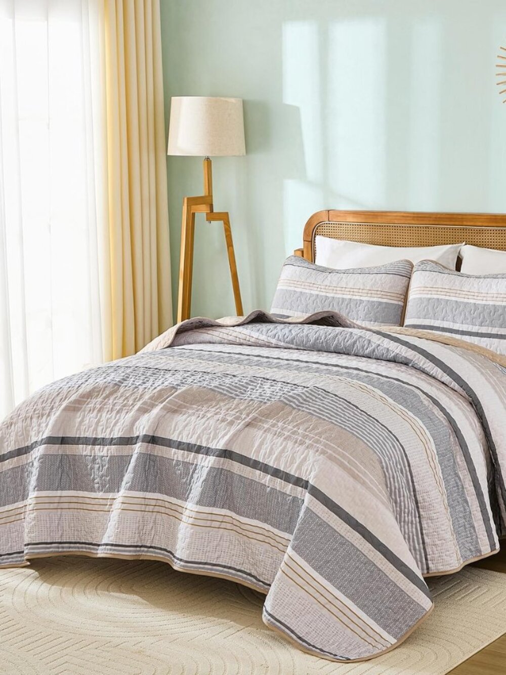 Quilt Queen Size Khaki Grey, 3 Pcs Boho Striped Bedspread Set